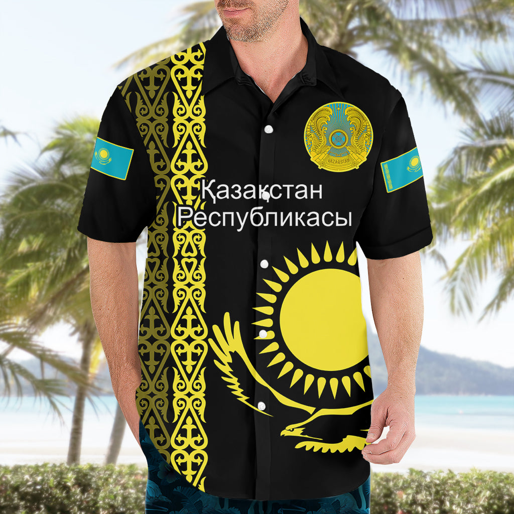 Personalised Kazakhstan Hawaiian Shirt Kazakh Traditional Pattern Black Version - Wonder Print Shop