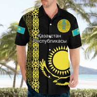 Personalised Kazakhstan Hawaiian Shirt Kazakh Traditional Pattern Black Version - Wonder Print Shop