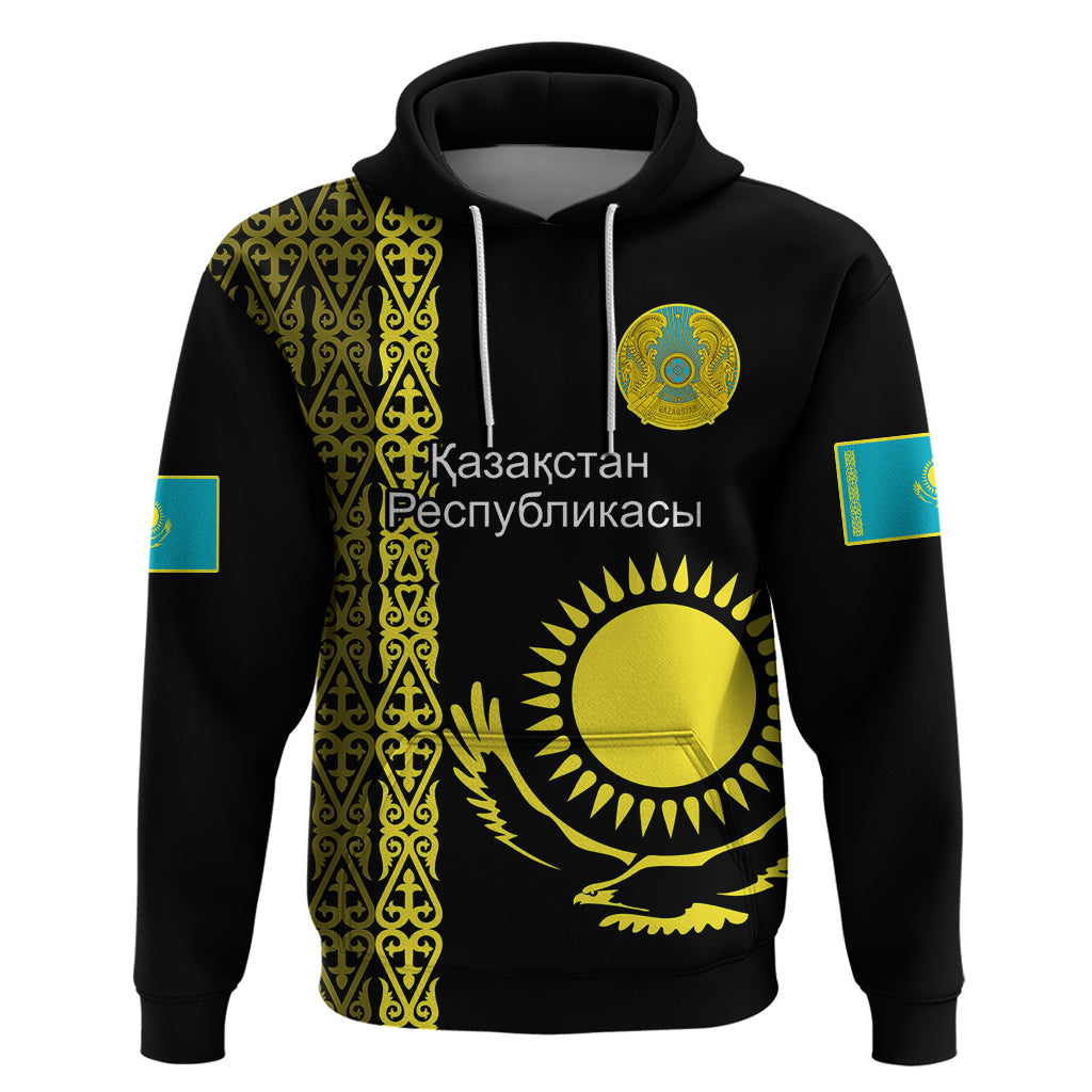 Custom Kazakhstan Hoodie Kazakh Traditional Pattern Black Version - Wonder Print Shop