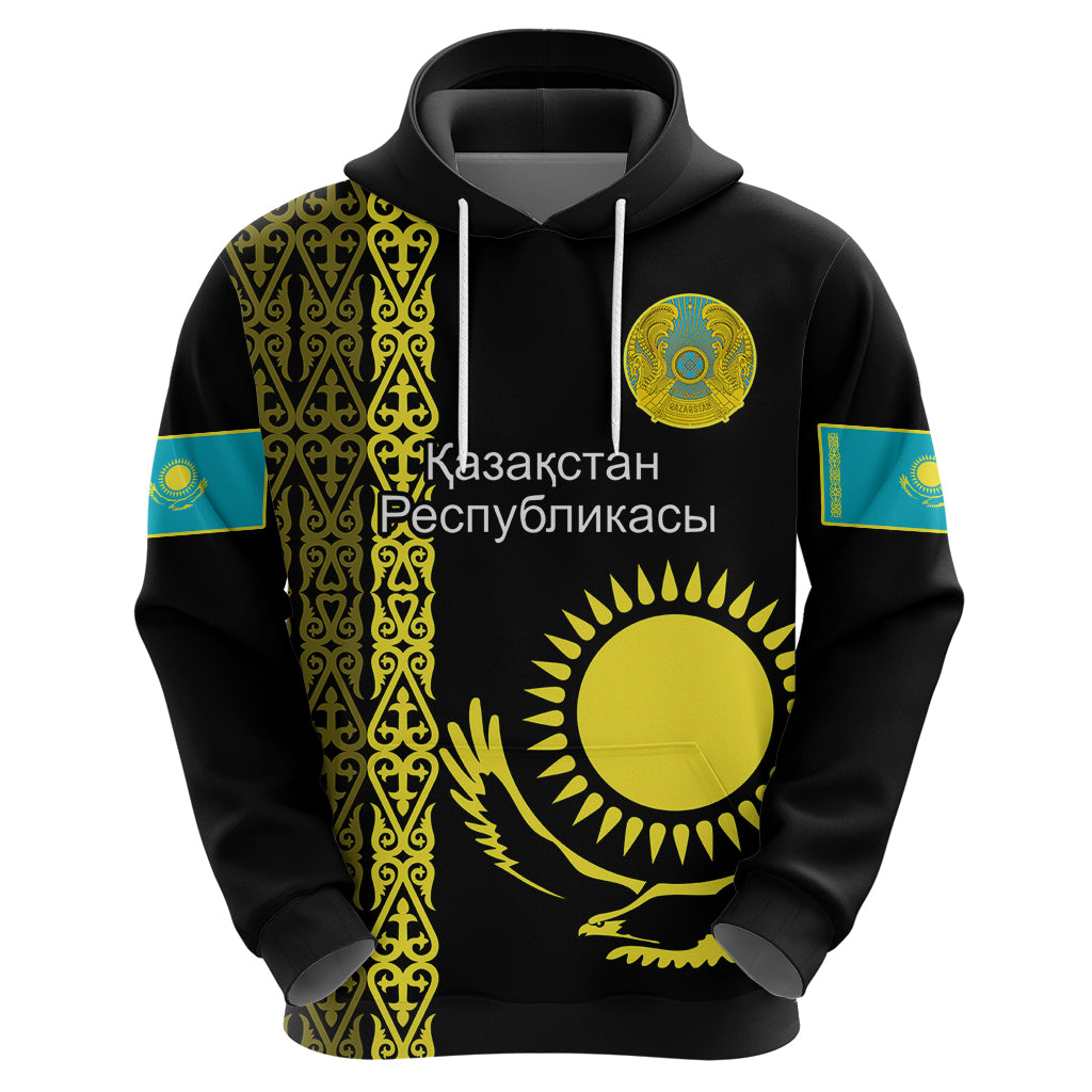 Custom Kazakhstan Hoodie Kazakh Traditional Pattern Black Version - Wonder Print Shop