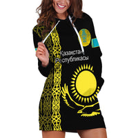 Personalised Kazakhstan Hoodie Dress Kazakh Traditional Pattern Black Version - Wonder Print Shop