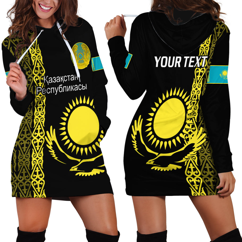 Personalised Kazakhstan Hoodie Dress Kazakh Traditional Pattern Black Version - Wonder Print Shop