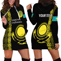 Personalised Kazakhstan Hoodie Dress Kazakh Traditional Pattern Black Version - Wonder Print Shop