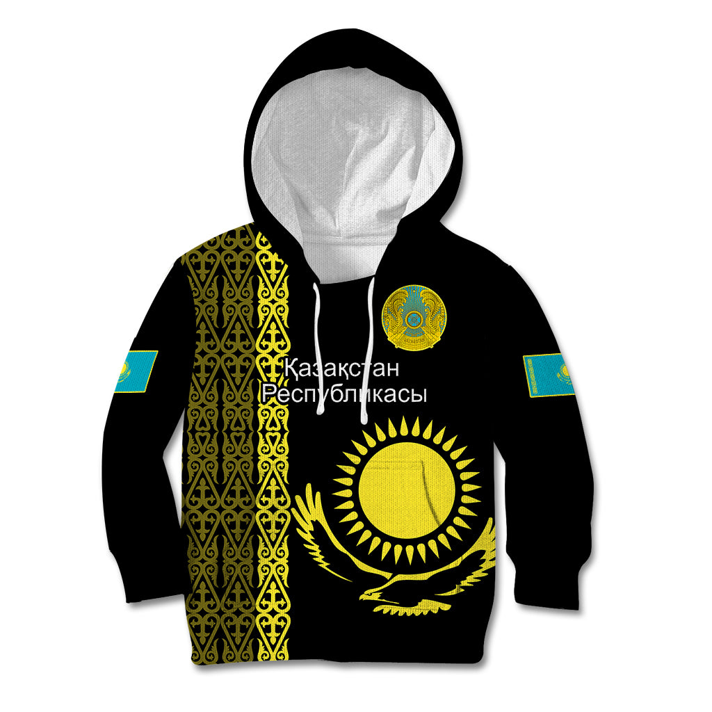 Personalised Kazakhstan Kid Hoodie Kazakh Traditional Pattern Black Version - Wonder Print Shop