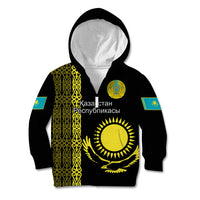 Personalised Kazakhstan Kid Hoodie Kazakh Traditional Pattern Black Version - Wonder Print Shop