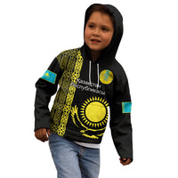 Personalised Kazakhstan Kid Hoodie Kazakh Traditional Pattern Black Version - Wonder Print Shop