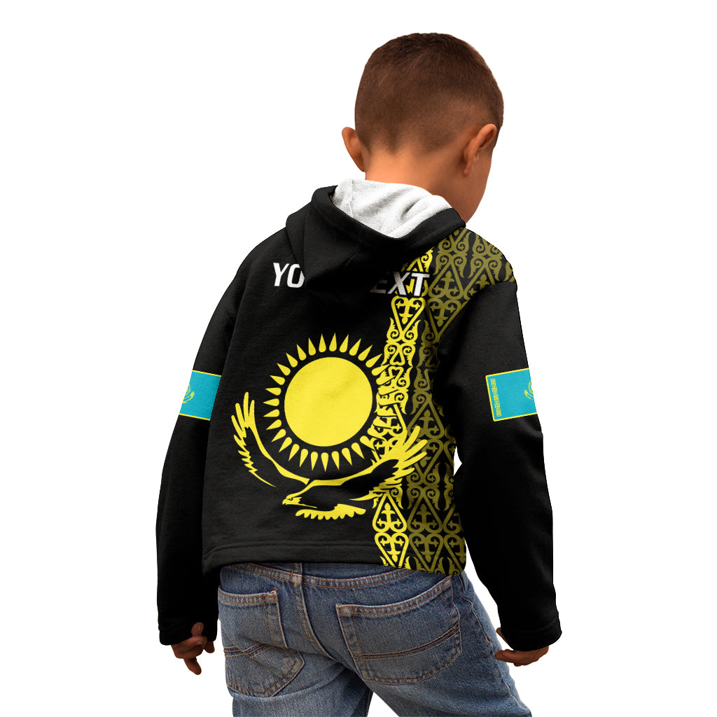 Personalised Kazakhstan Kid Hoodie Kazakh Traditional Pattern Black Version - Wonder Print Shop