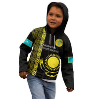 Personalised Kazakhstan Kid Hoodie Kazakh Traditional Pattern Black Version - Wonder Print Shop