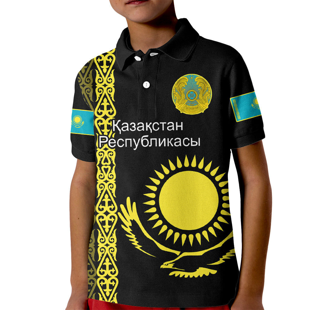 Custom Kazakhstan Polo Shirt for Kid Kazakh Traditional Pattern Black Version - Wonder Print Shop
