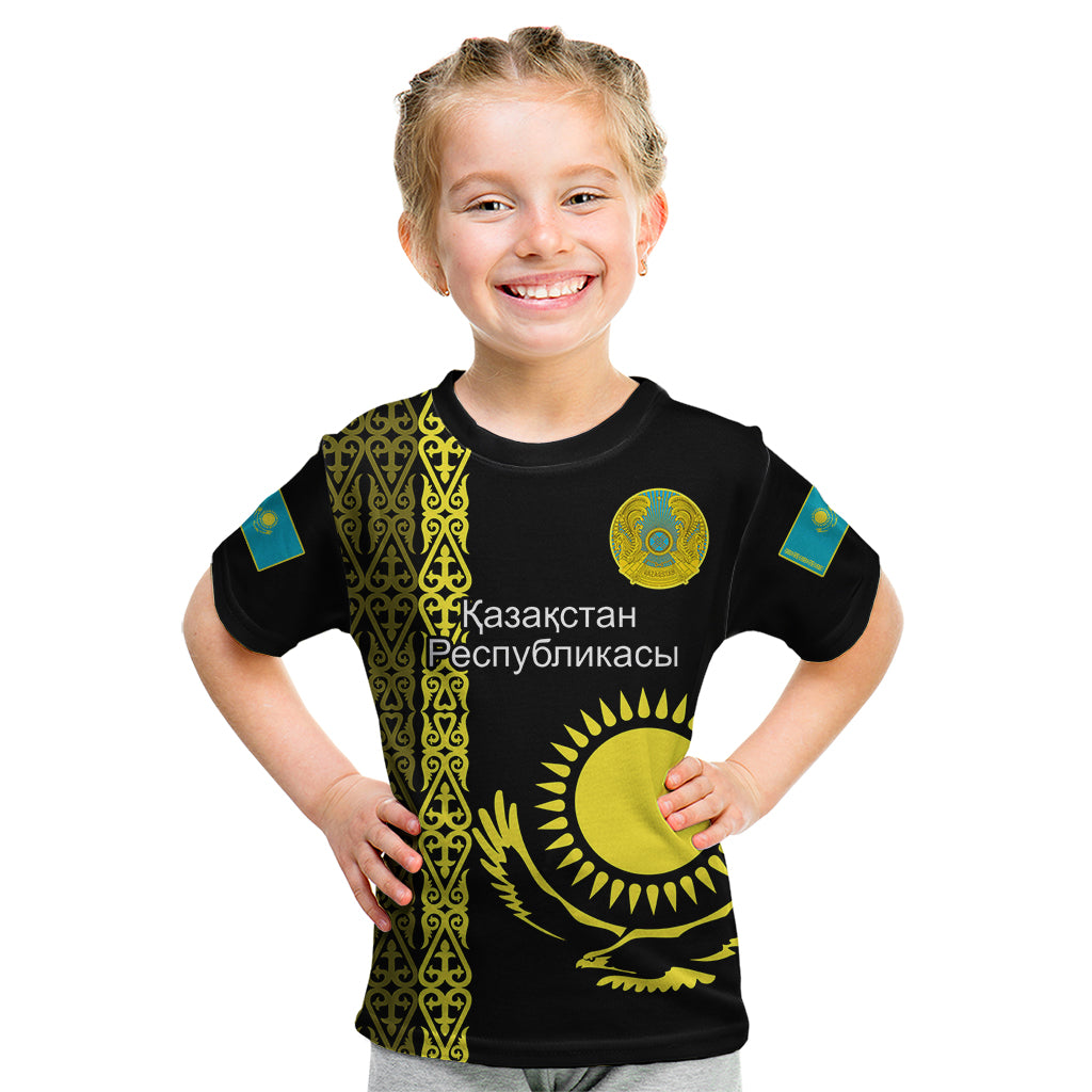 Personalised Kazakhstan Kid T Shirt Kazakh Traditional Pattern Black Version - Wonder Print Shop