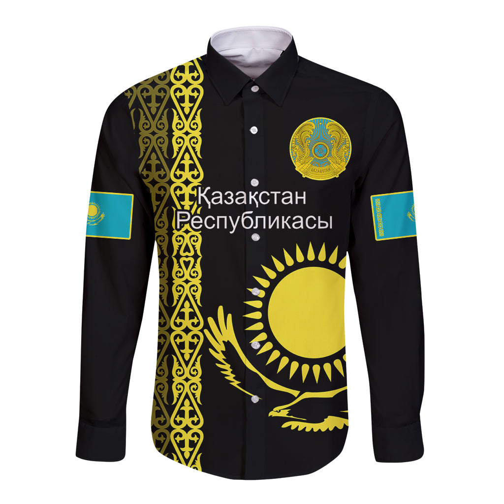 Personalised Kazakhstan Long Sleeve Button Shirt Kazakh Traditional Pattern Black Version - Wonder Print Shop