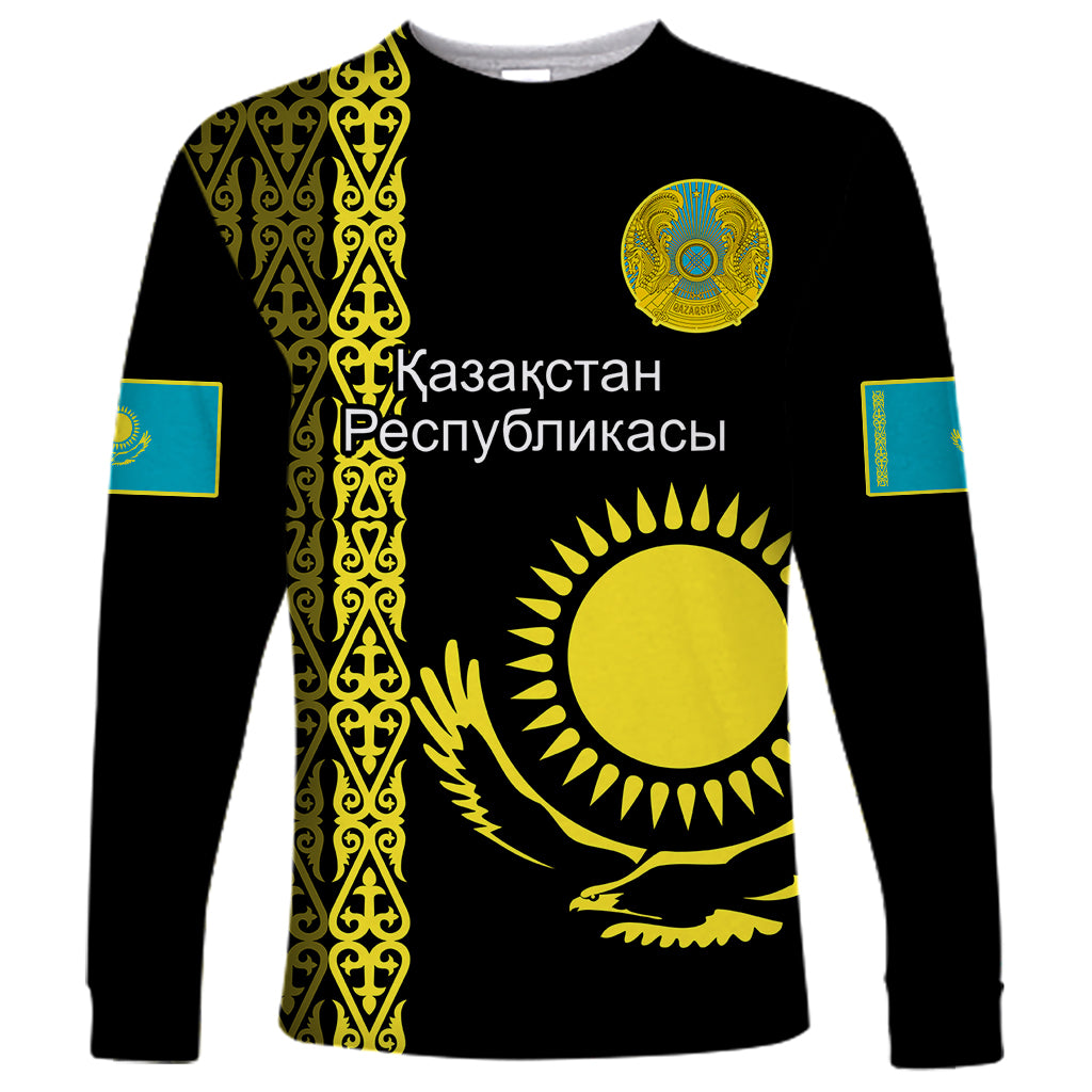 Personalised Kazakhstan Long Sleeve Shirt Kazakh Traditional Pattern Black Version - Wonder Print Shop