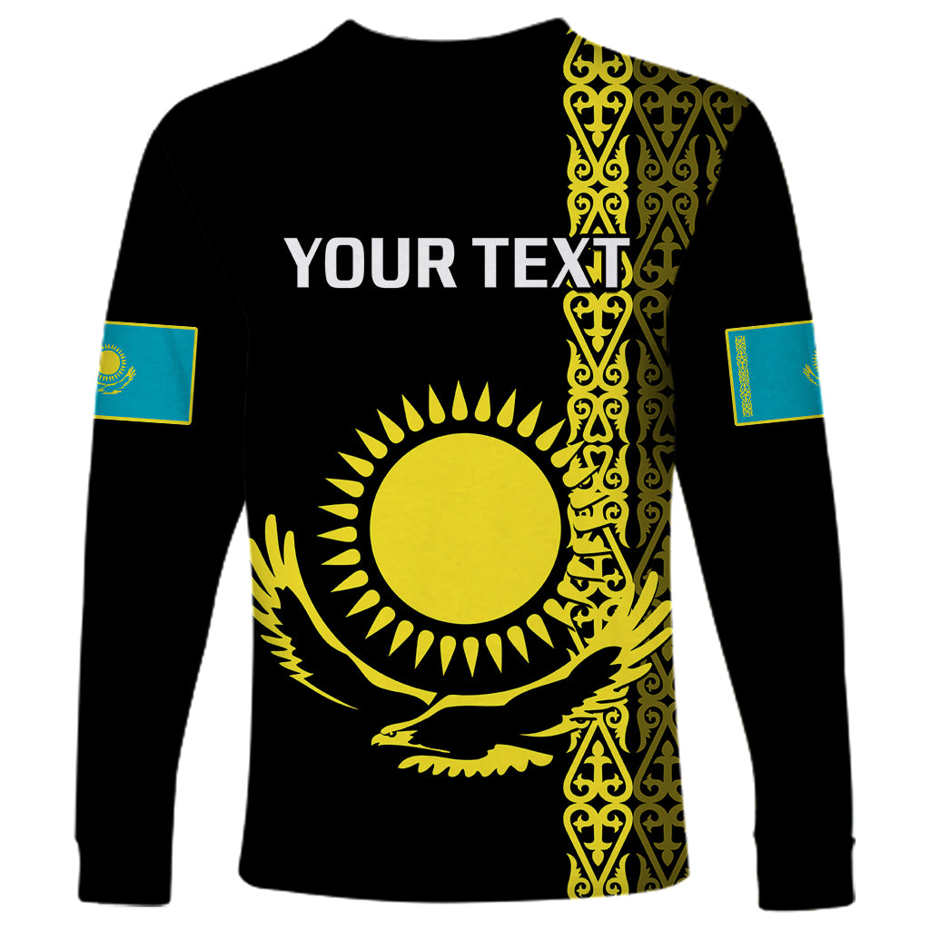 Personalised Kazakhstan Long Sleeve Shirt Kazakh Traditional Pattern Black Version - Wonder Print Shop