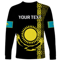 Personalised Kazakhstan Long Sleeve Shirt Kazakh Traditional Pattern Black Version - Wonder Print Shop
