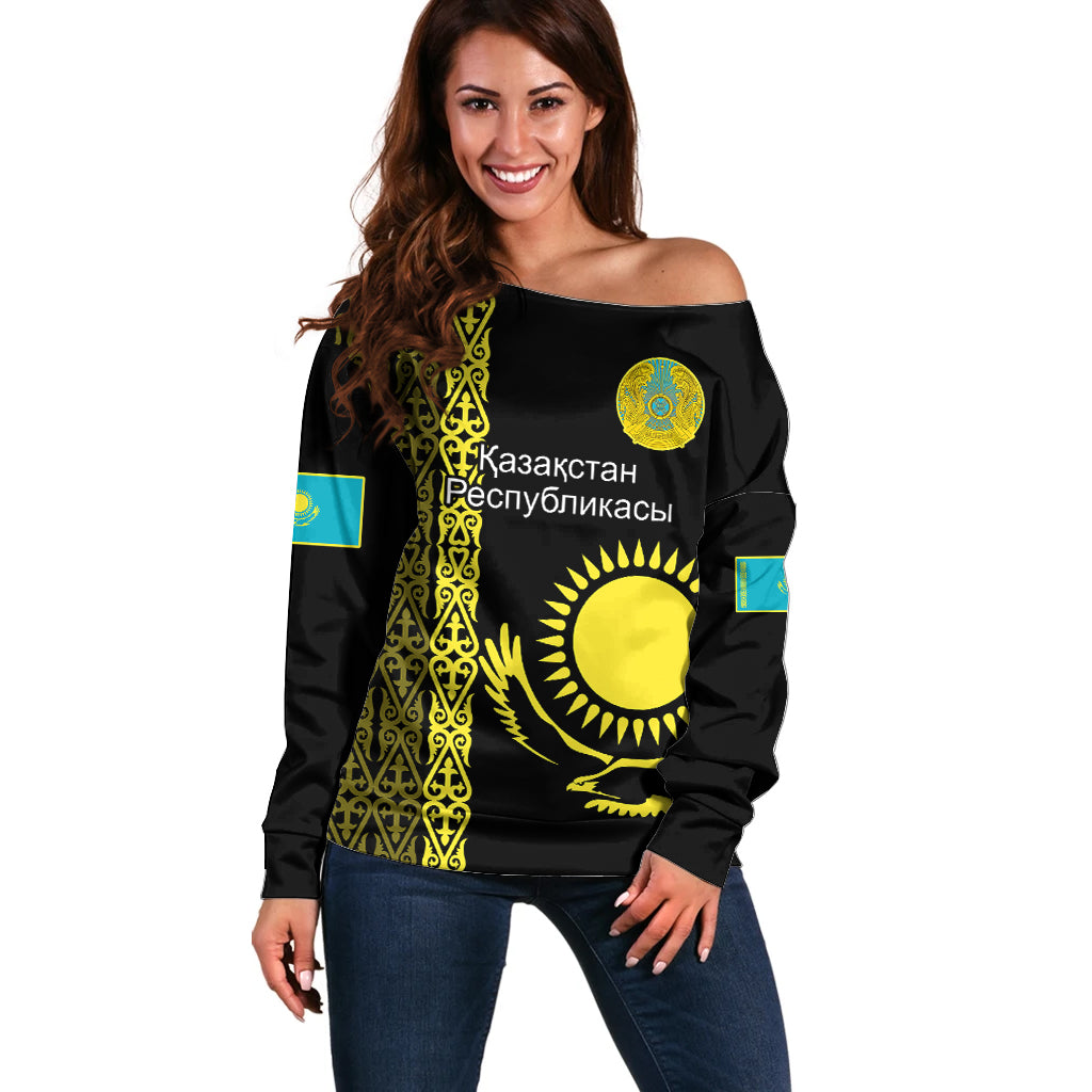 Personalised Kazakhstan Off Shoulder Sweater Kazakh Traditional Pattern Black Version - Wonder Print Shop