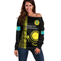 Personalised Kazakhstan Off Shoulder Sweater Kazakh Traditional Pattern Black Version - Wonder Print Shop