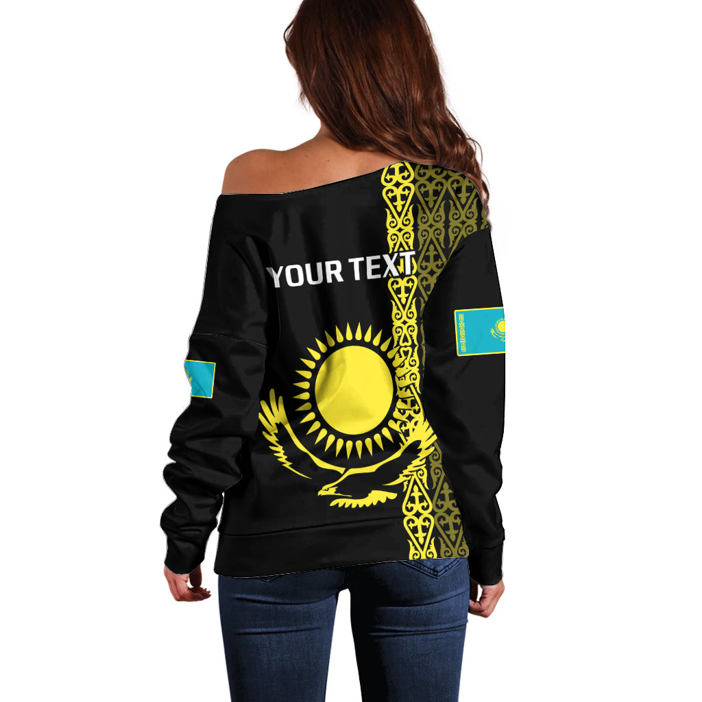 Personalised Kazakhstan Off Shoulder Sweater Kazakh Traditional Pattern Black Version - Wonder Print Shop