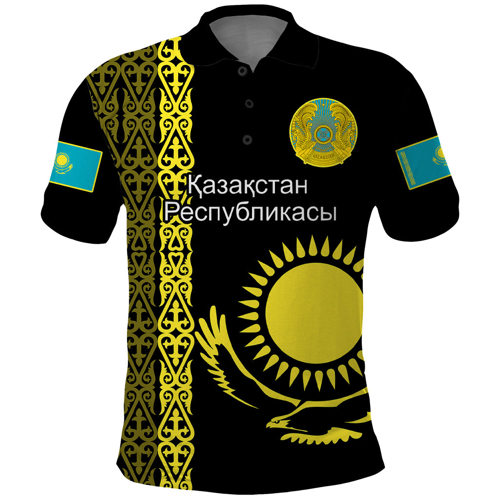 Custom Kazakhstan Polo Shirt Kazakh Traditional Pattern Black Version - Wonder Print Shop