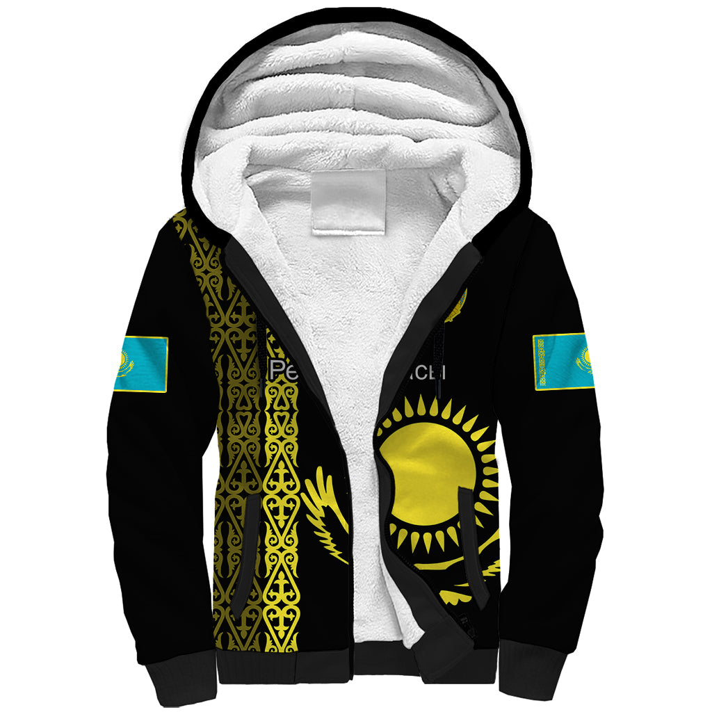 Personalised Kazakhstan Sherpa Hoodie Kazakh Traditional Pattern Black Version - Wonder Print Shop