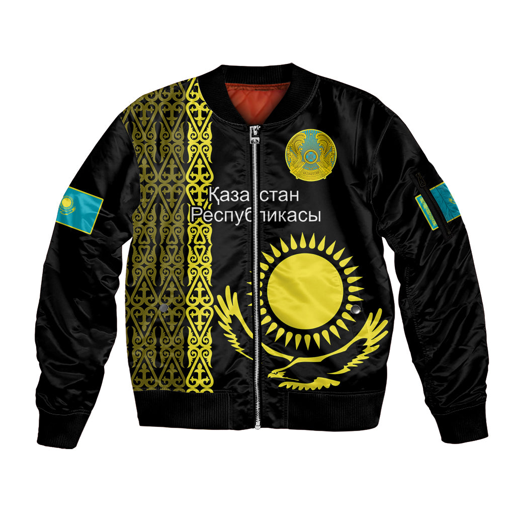 Personalised Kazakhstan Sleeve Zip Bomber Jacket Kazakh Traditional Pattern Black Version - Wonder Print Shop