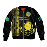 Personalised Kazakhstan Sleeve Zip Bomber Jacket Kazakh Traditional Pattern Black Version - Wonder Print Shop