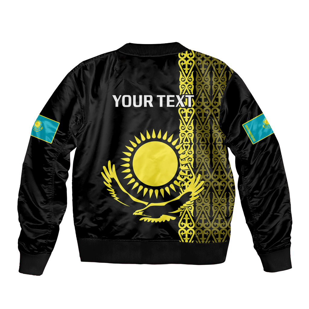 Personalised Kazakhstan Sleeve Zip Bomber Jacket Kazakh Traditional Pattern Black Version - Wonder Print Shop