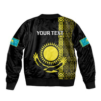 Personalised Kazakhstan Sleeve Zip Bomber Jacket Kazakh Traditional Pattern Black Version - Wonder Print Shop