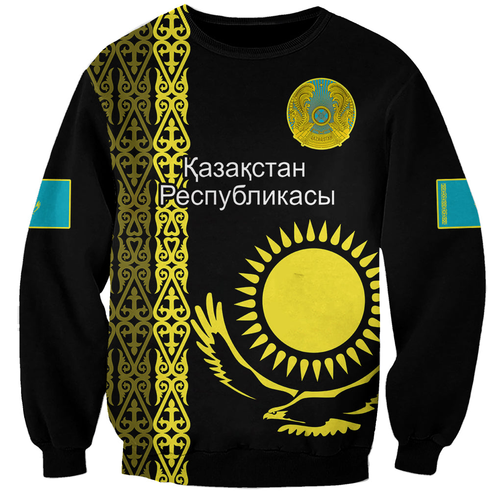 Personalised Kazakhstan Sweatshirt Kazakh Traditional Pattern Black Version - Wonder Print Shop
