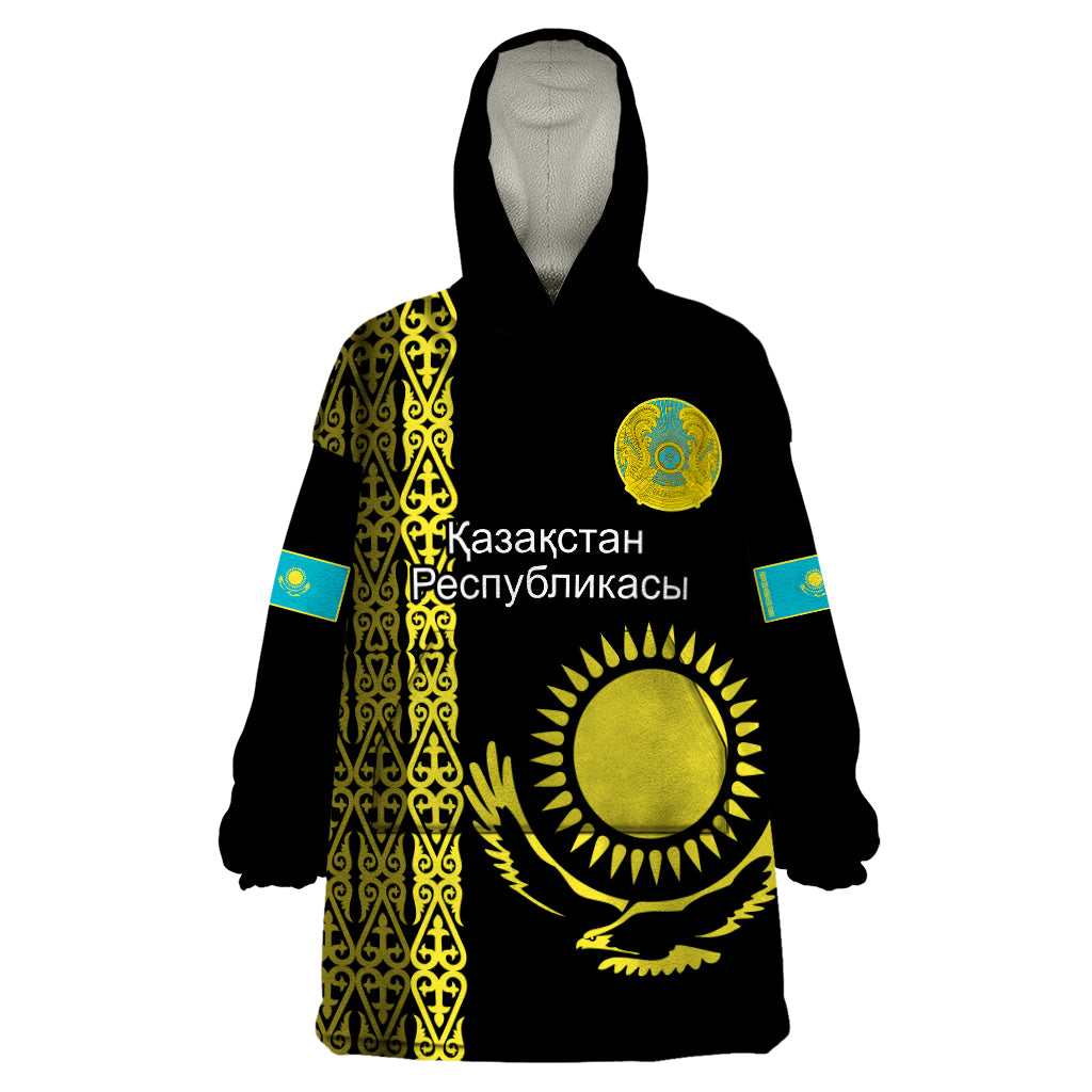 Personalised Kazakhstan Wearable Blanket Hoodie Kazakh Traditional Pattern Black Version - Wonder Print Shop