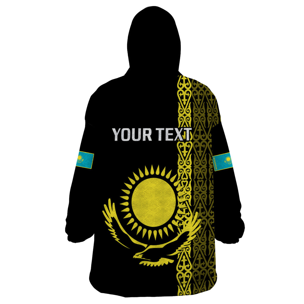 Personalised Kazakhstan Wearable Blanket Hoodie Kazakh Traditional Pattern Black Version - Wonder Print Shop
