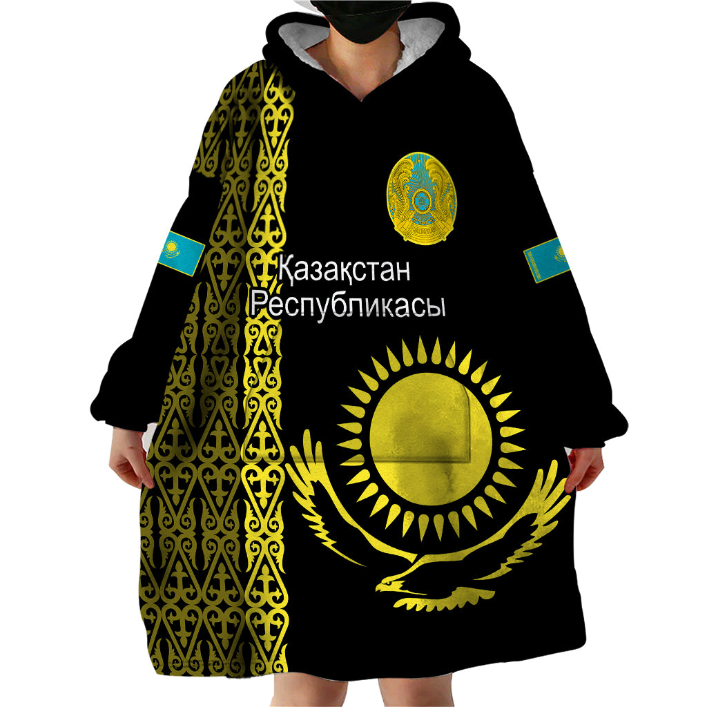 Personalised Kazakhstan Wearable Blanket Hoodie Kazakh Traditional Pattern Black Version - Wonder Print Shop