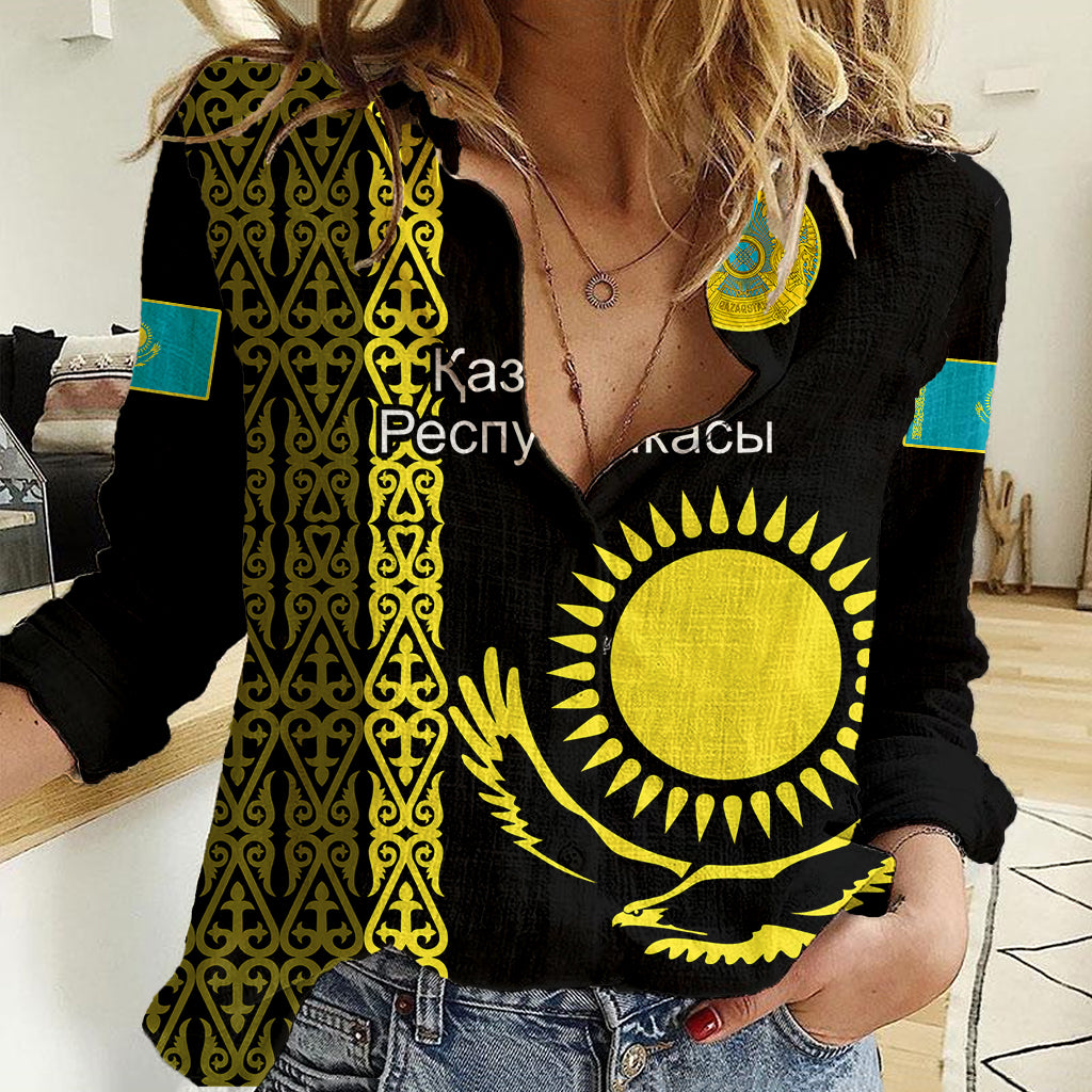 personalised-kazakhstan-women-casual-shirt-kazakh-traditional-pattern-black-version