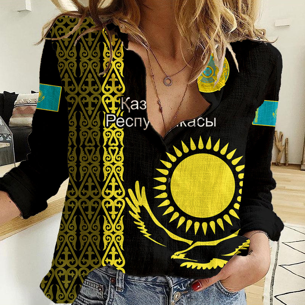 Personalised Kazakhstan Women Casual Shirt Kazakh Traditional Pattern Black Version - Wonder Print Shop
