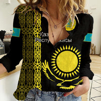 Personalised Kazakhstan Women Casual Shirt Kazakh Traditional Pattern Black Version - Wonder Print Shop