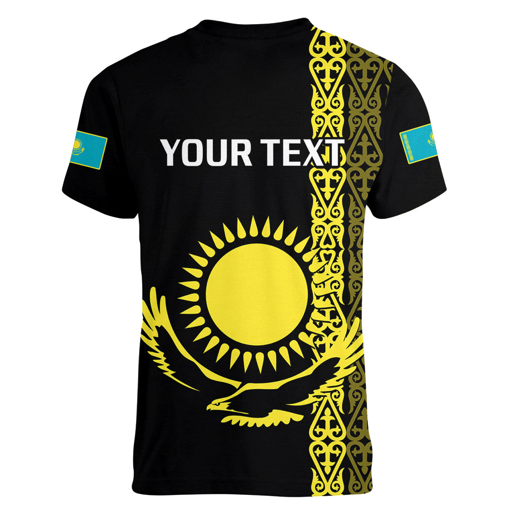 Personalised Kazakhstan Women V Neck T Shirt Kazakh Traditional Pattern Black Version - Wonder Print Shop
