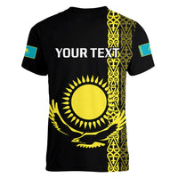 Personalised Kazakhstan Women V Neck T Shirt Kazakh Traditional Pattern Black Version - Wonder Print Shop