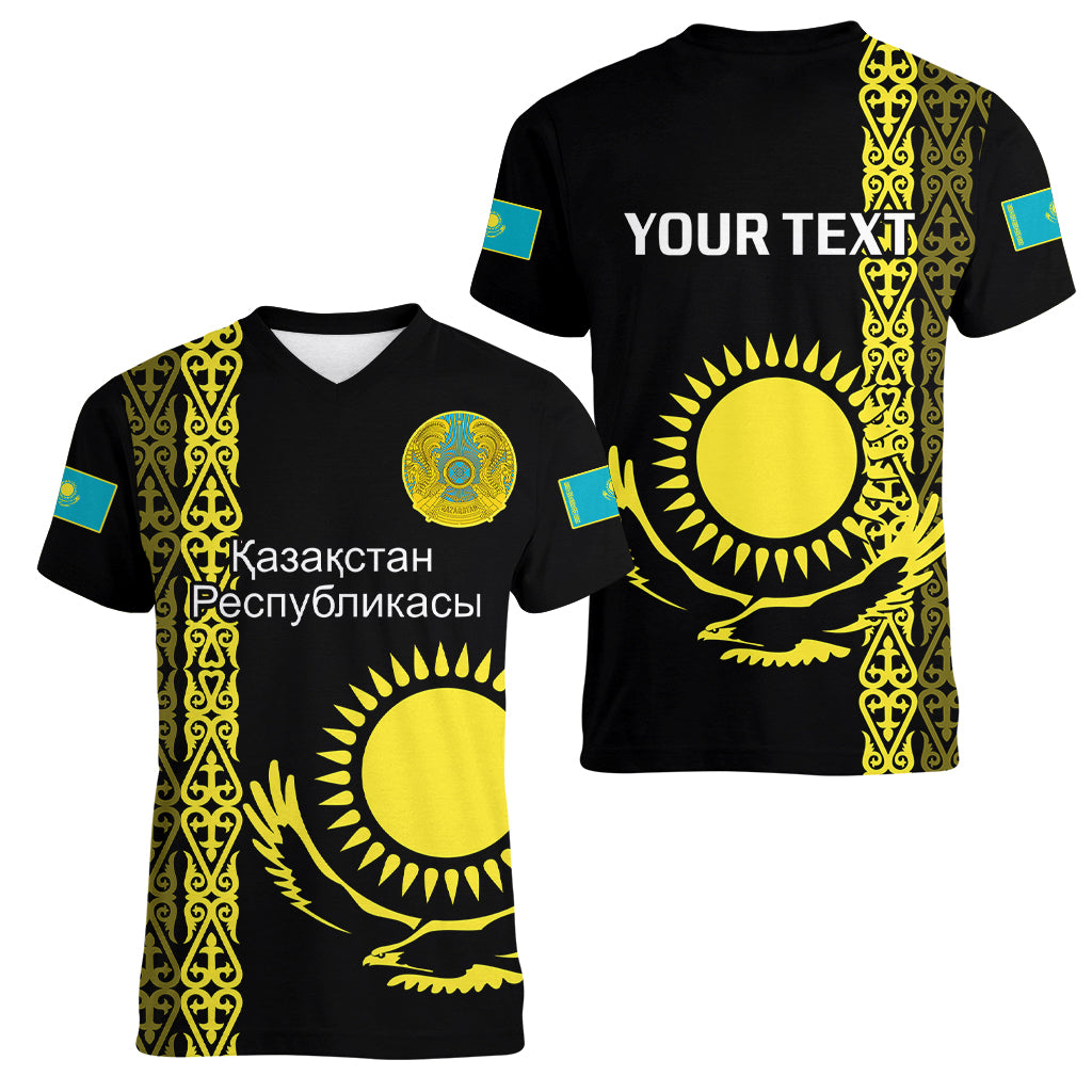 Personalised Kazakhstan Women V Neck T Shirt Kazakh Traditional Pattern Black Version - Wonder Print Shop