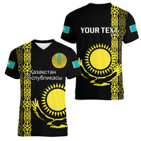 Personalised Kazakhstan Women V Neck T Shirt Kazakh Traditional Pattern Black Version - Wonder Print Shop