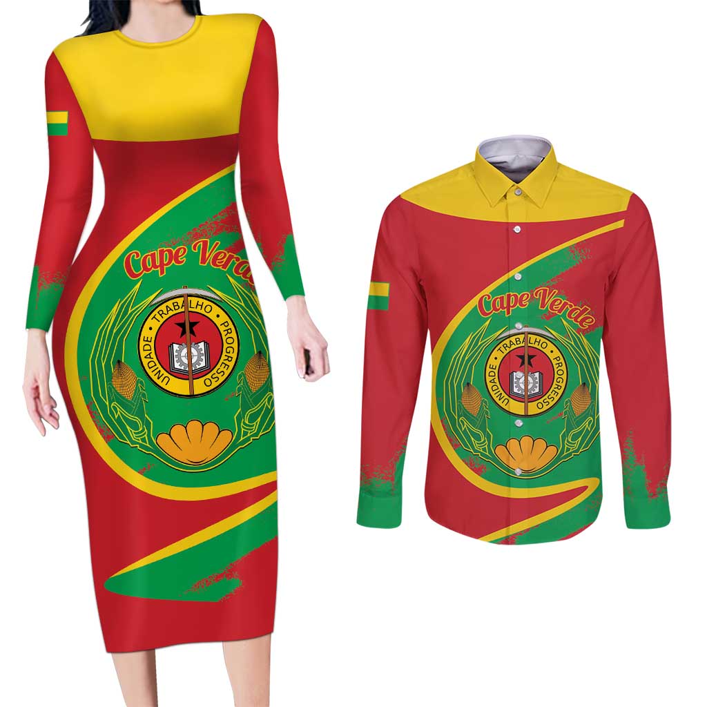 Cape Verde 1975-1992 Couples Matching Long Sleeve Bodycon Dress and Long Sleeve Button Shirt Coat Of Arms Grunge Style