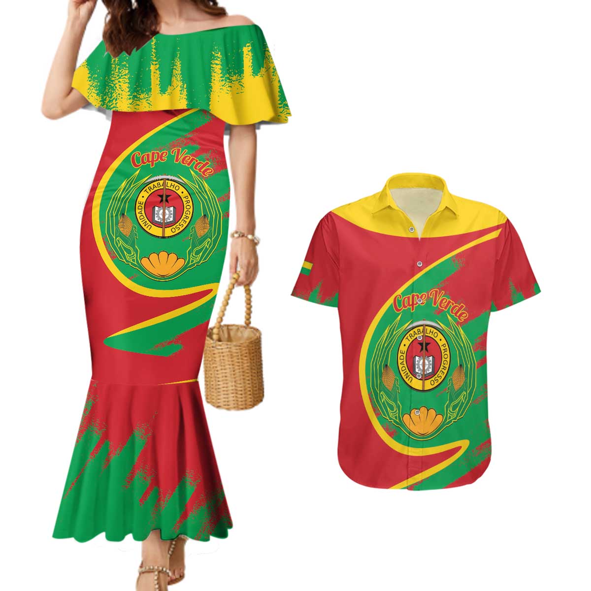 Cape Verde 1975-1992 Couples Matching Mermaid Dress and Hawaiian Shirt Coat Of Arms Grunge Style