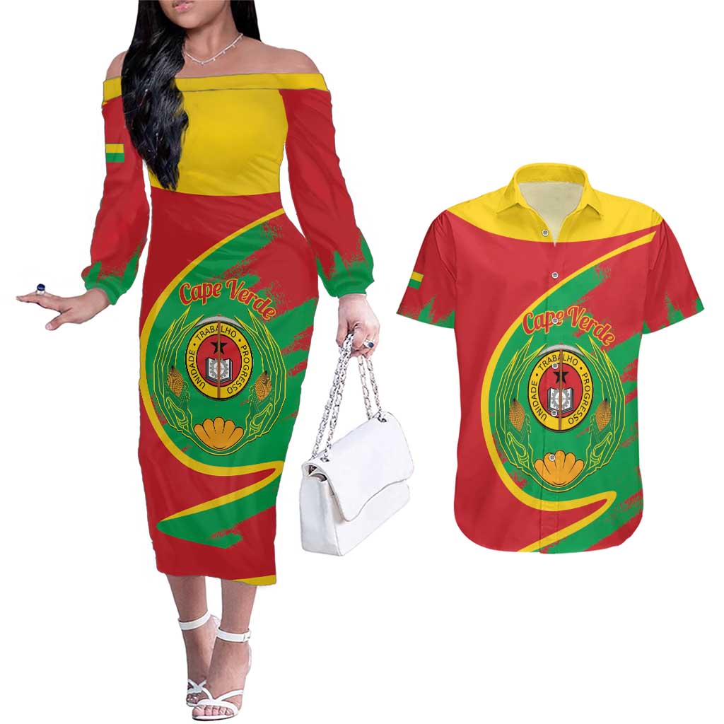 Cape Verde 1975-1992 Couples Matching Off The Shoulder Long Sleeve Dress and Hawaiian Shirt Coat Of Arms Grunge Style