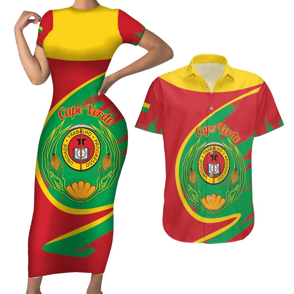 Cape Verde 1975-1992 Couples Matching Short Sleeve Bodycon Dress and Hawaiian Shirt Coat Of Arms Grunge Style