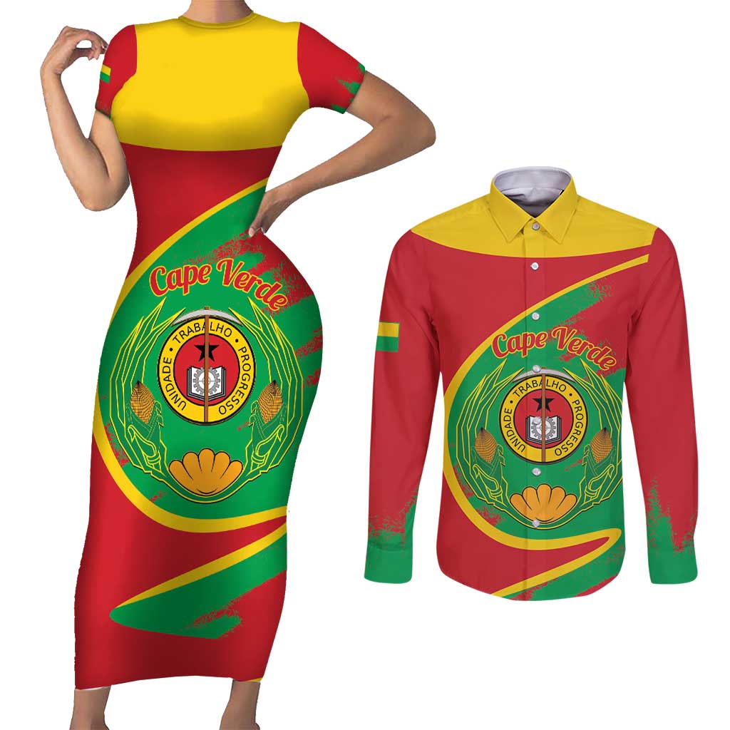 Cape Verde 1975-1992 Couples Matching Short Sleeve Bodycon Dress and Long Sleeve Button Shirt Coat Of Arms Grunge Style