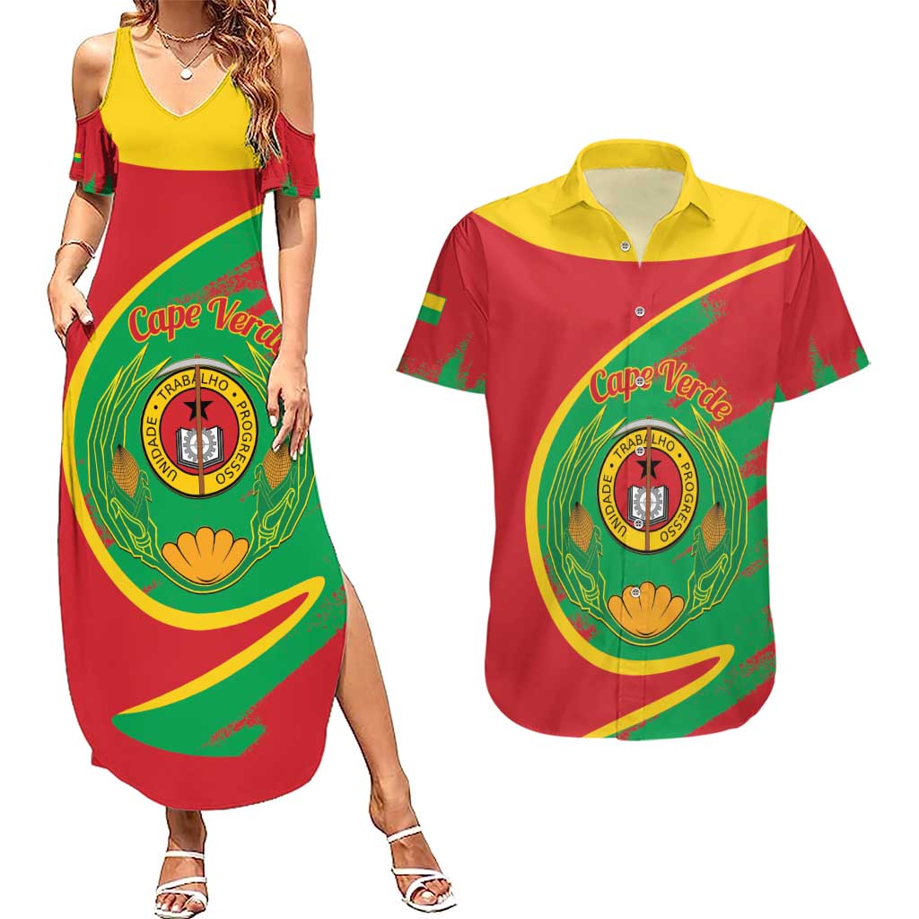 Cape Verde 1975-1992 Couples Matching Summer Maxi Dress and Hawaiian Shirt Coat Of Arms Grunge Style
