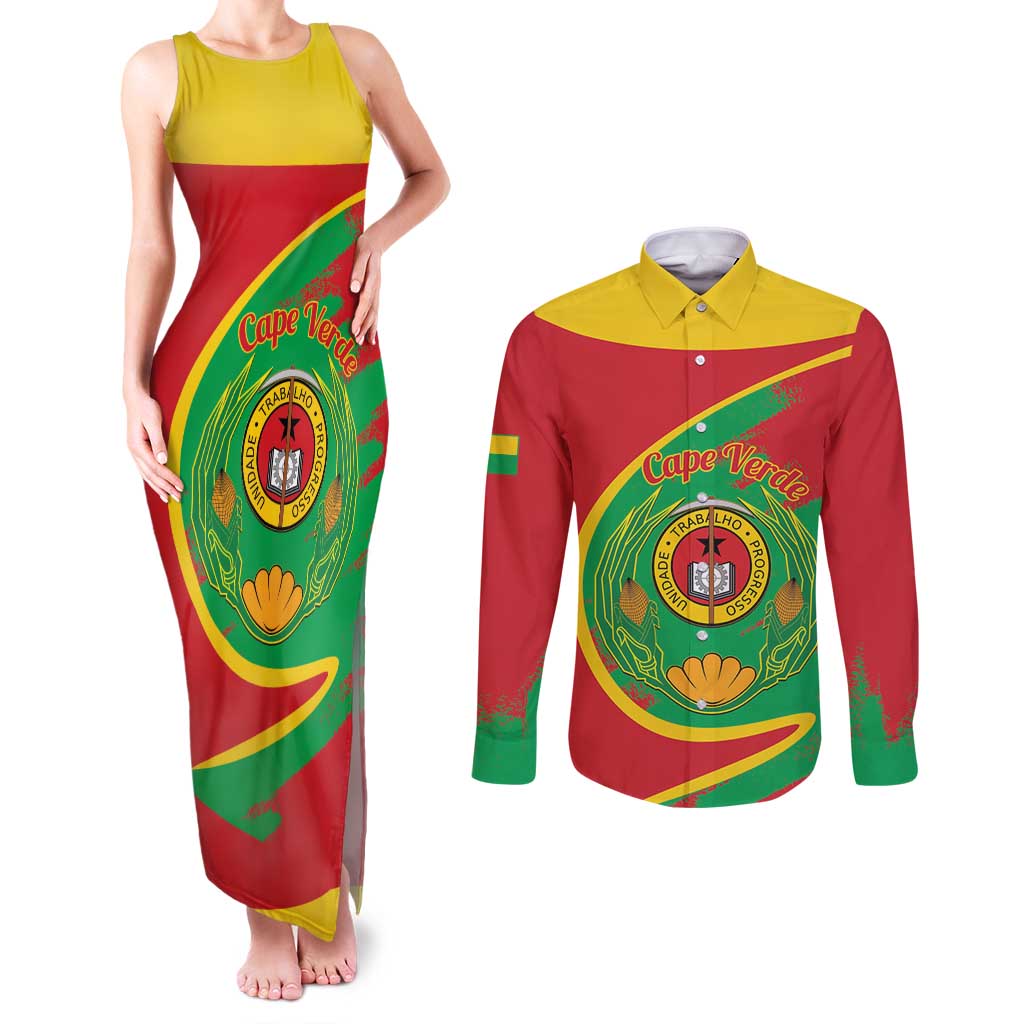 Cape Verde 1975-1992 Couples Matching Tank Maxi Dress and Long Sleeve Button Shirt Coat Of Arms Grunge Style