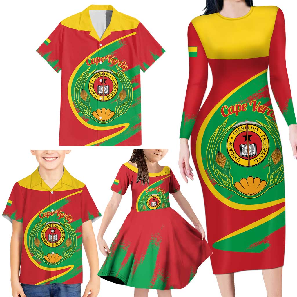 Cape Verde 1975-1992 Family Matching Long Sleeve Bodycon Dress and Hawaiian Shirt Coat Of Arms Grunge Style