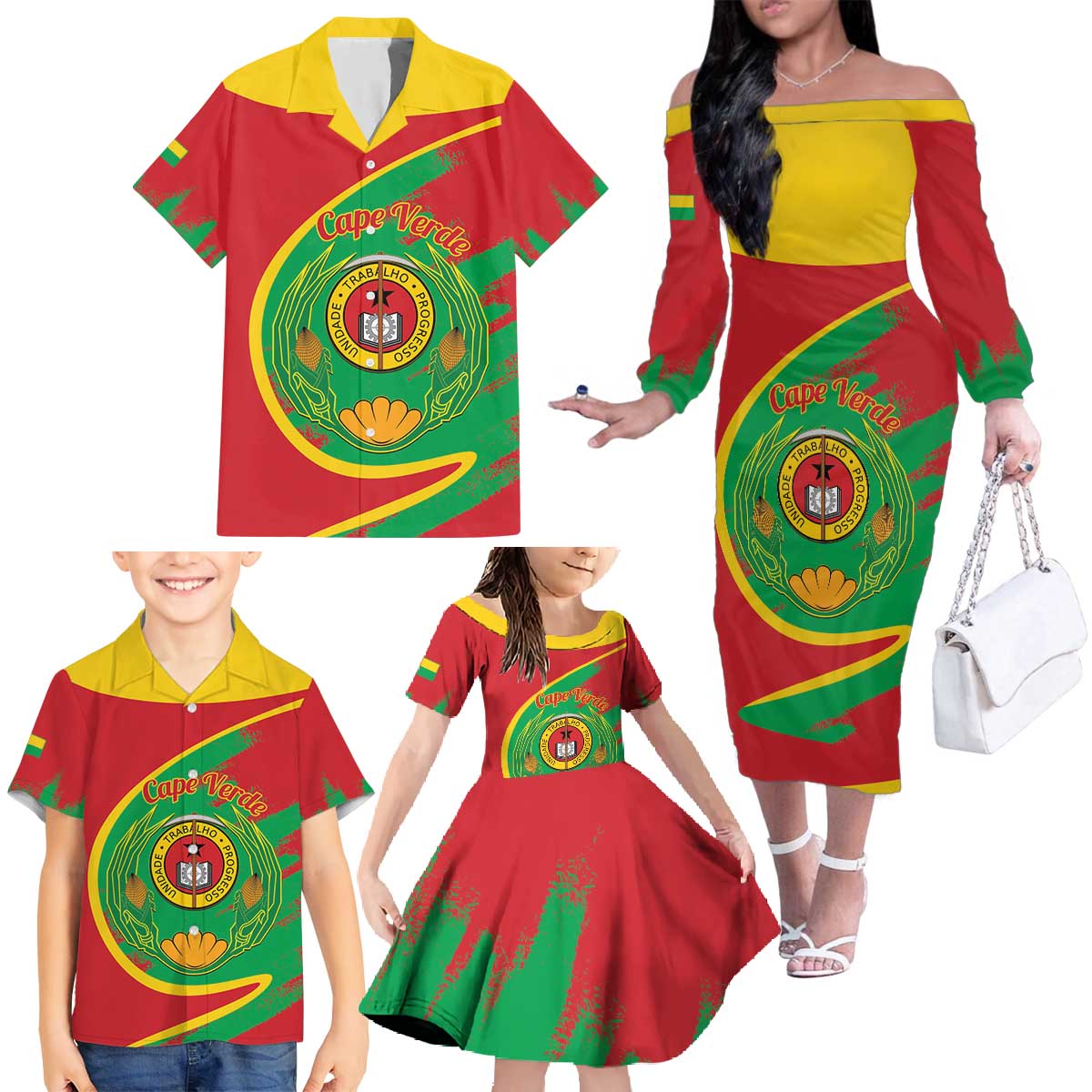 Cape Verde 1975-1992 Family Matching Off The Shoulder Long Sleeve Dress and Hawaiian Shirt Coat Of Arms Grunge Style