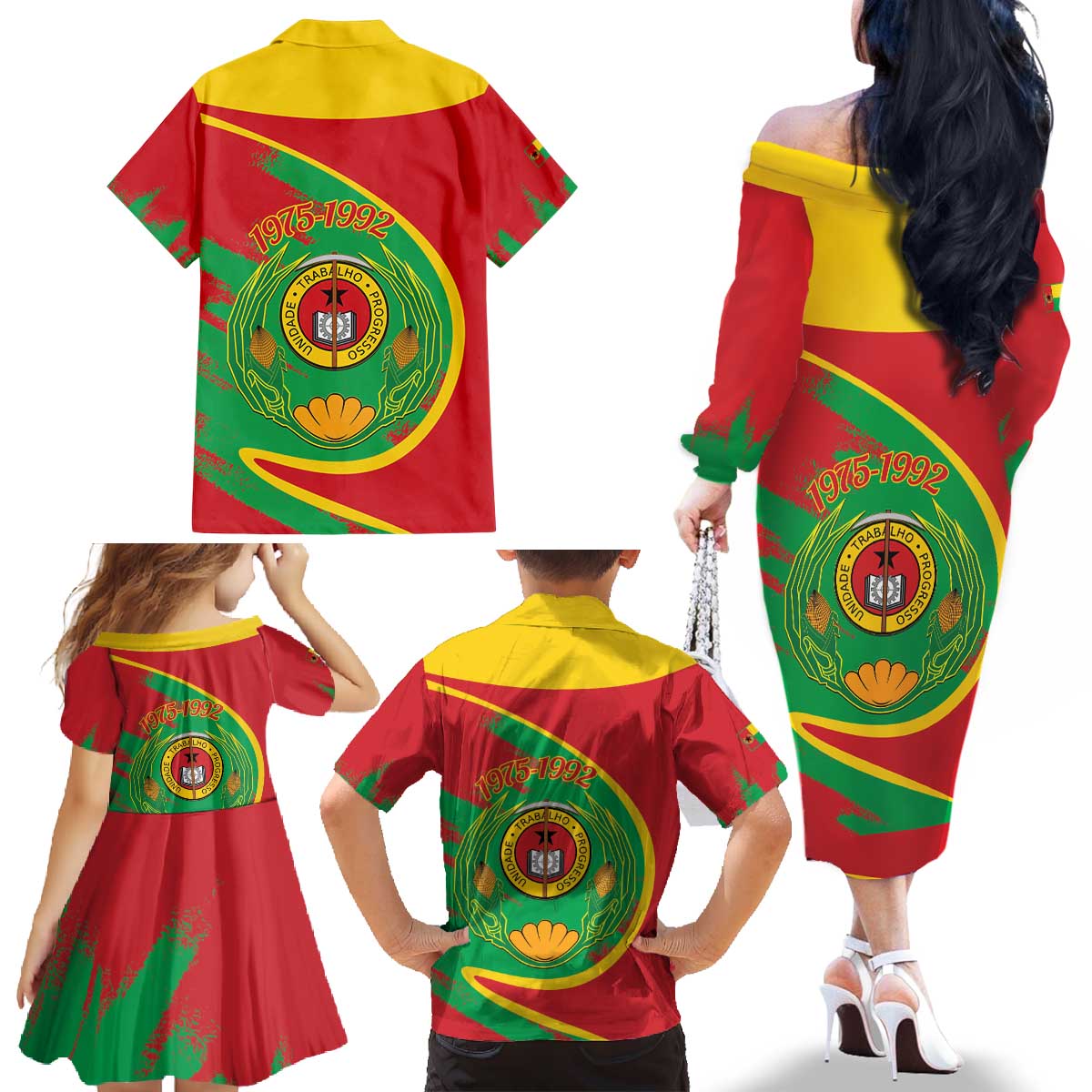 Cape Verde 1975-1992 Family Matching Off The Shoulder Long Sleeve Dress and Hawaiian Shirt Coat Of Arms Grunge Style