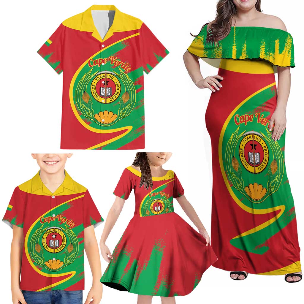 Cape Verde 1975-1992 Family Matching Off Shoulder Maxi Dress and Hawaiian Shirt Coat Of Arms Grunge Style