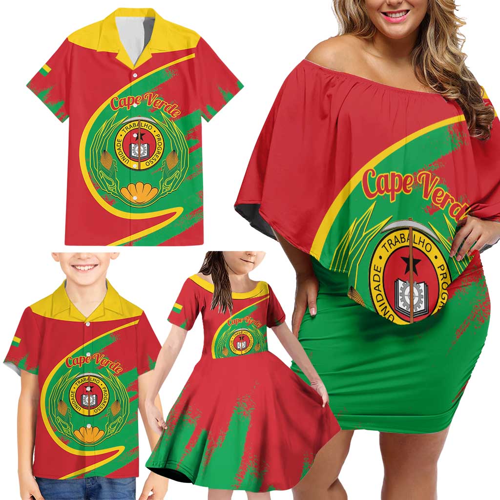 Cape Verde 1975-1992 Family Matching Off Shoulder Short Dress and Hawaiian Shirt Coat Of Arms Grunge Style